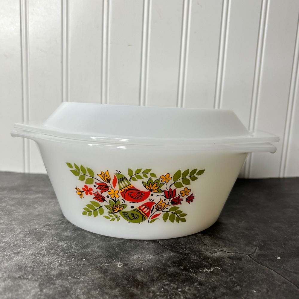Vintage Arcopal French Milk Glass Casserole Dish with Lid | Partridge Pattern